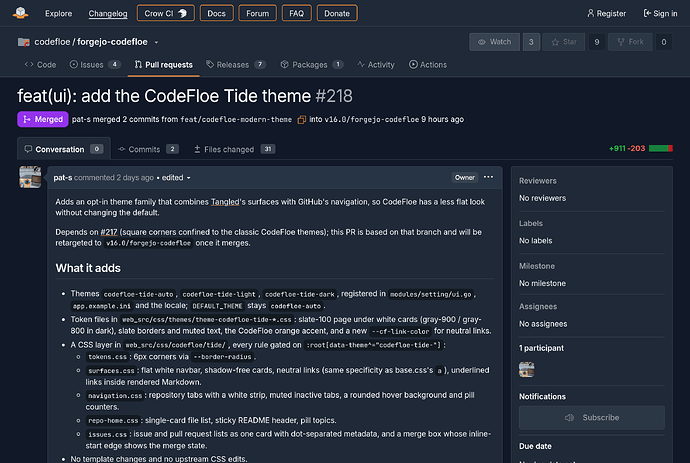Pull request in CodeFloe Tide dark